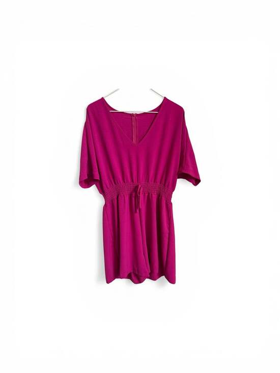 Magenta V-Neck Smocked Waist Tie-Back Romper - Picture 7 of 11
